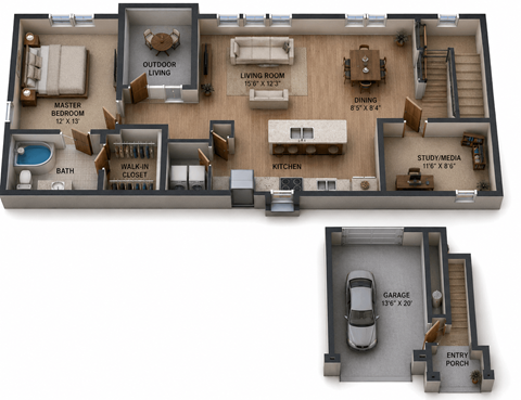 Floor plan for 1 bed, 1 bath, 1010 sqft
